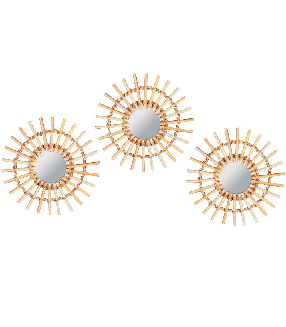 wadiga Set de 3 miroirs ronds en bambou 28x28cm