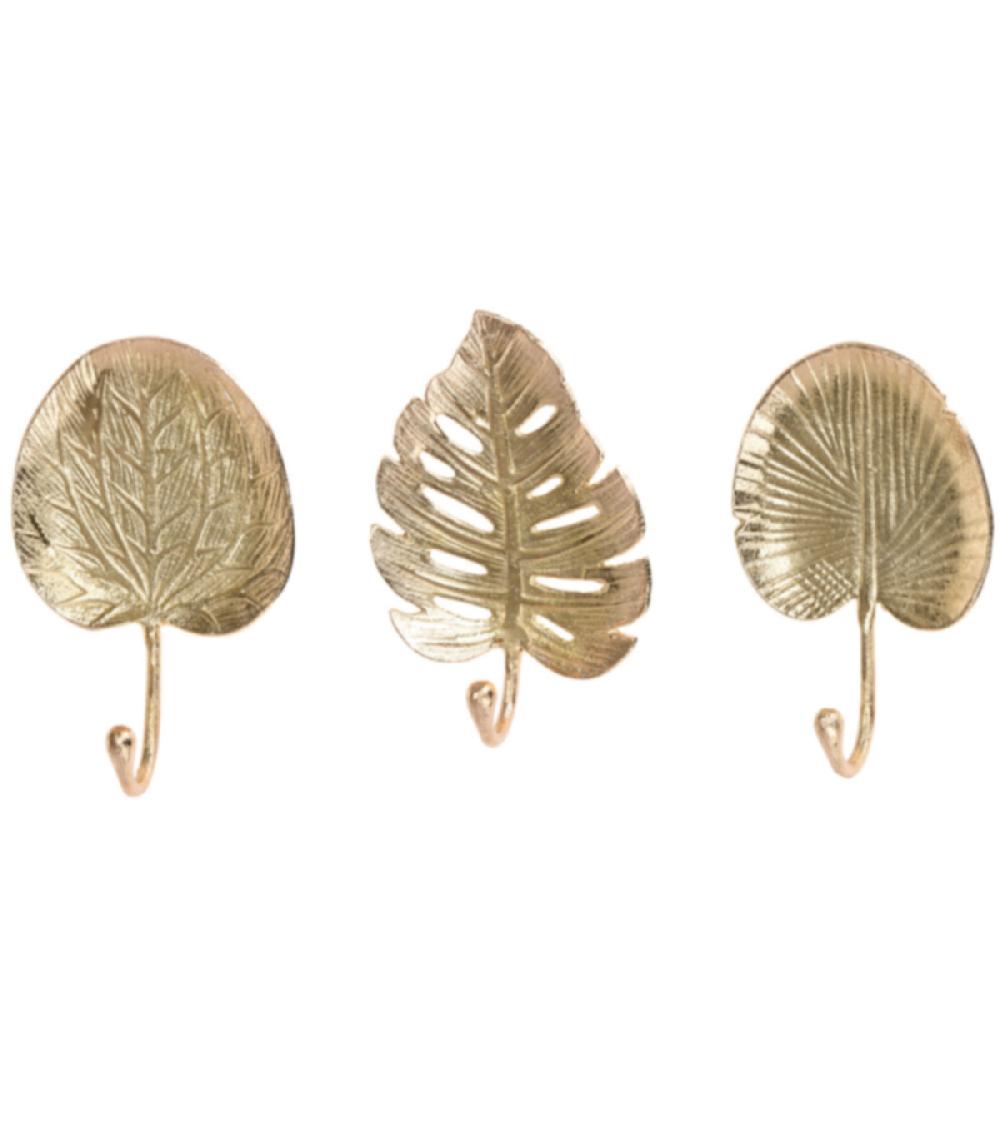 wadiga Set de 3 patères en métal doré feuilles