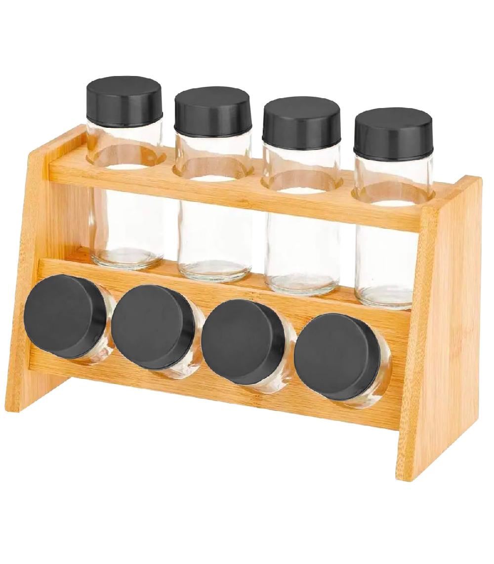 wadiga Support à épices bambou et ses 8 pots verre