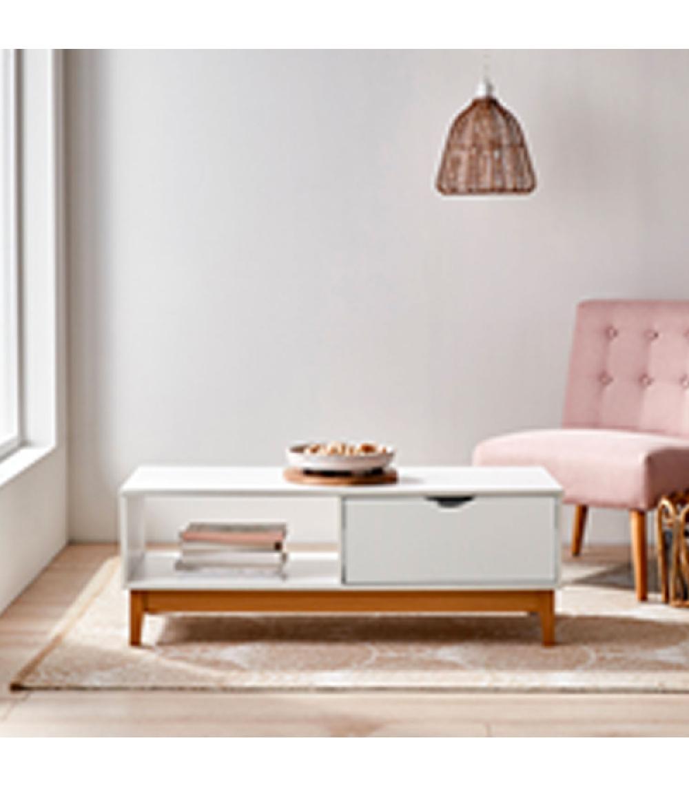 Wadiga Table Basse Blanc Et Bois 110x50x40cm