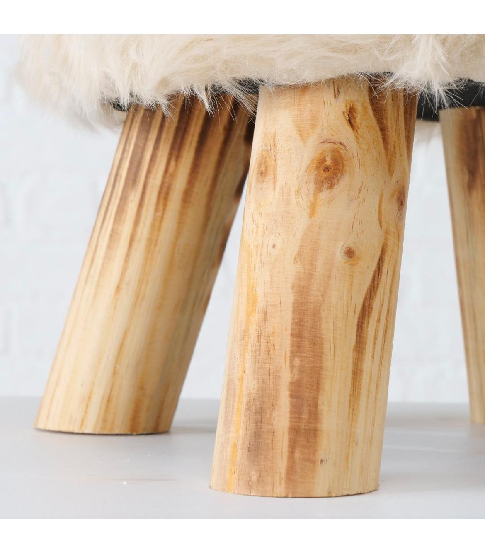 Wadiga Tabouret Bois Et Imitation Fourrure Blanche