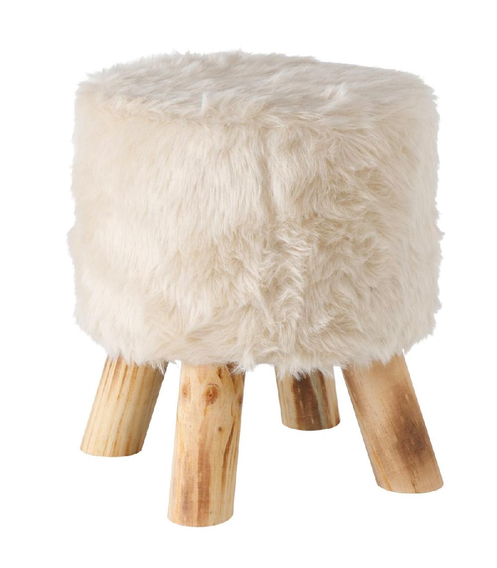 wadiga Tabouret bois et imitation fourrure blanche