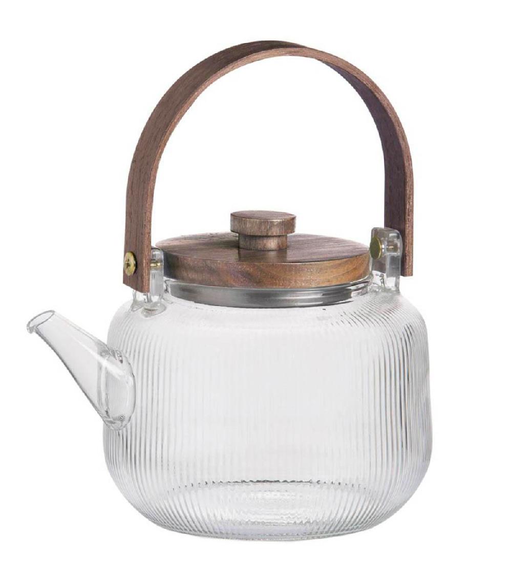wadiga Théière en verre strié et bois d'acacia 1L