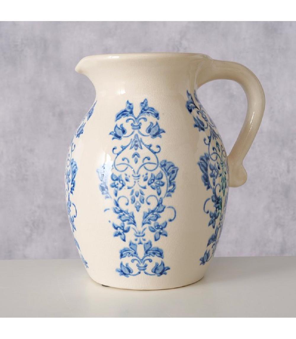 Wadiga Vase Cruche Floral En Grès Blanc Et Bleu