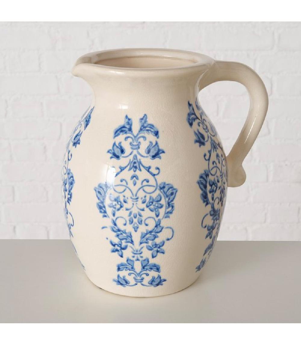 Wadiga Vase Cruche Floral En Grès Blanc Et Bleu
