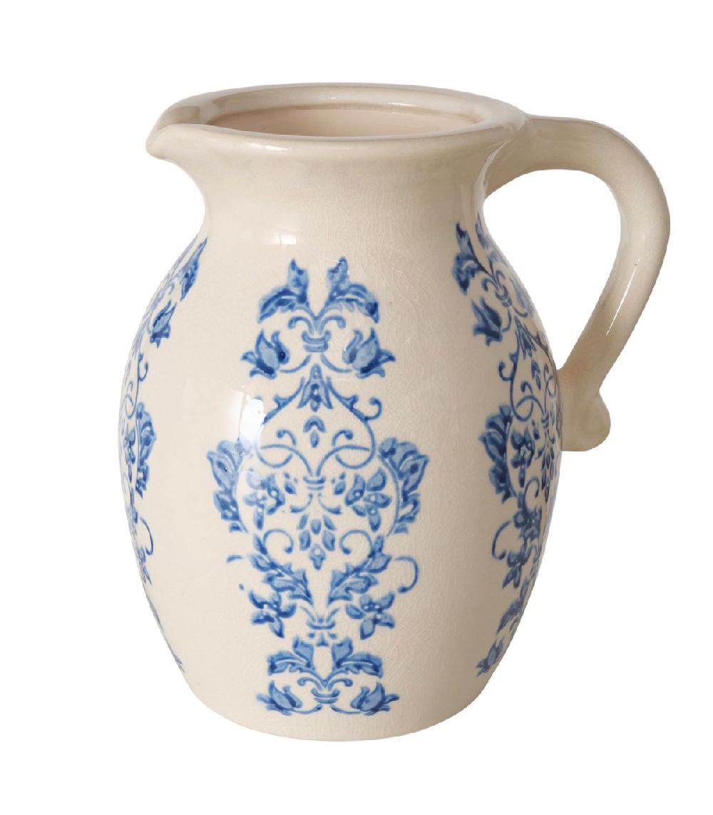 wadiga Vase cruche floral en grès blanc et bleu