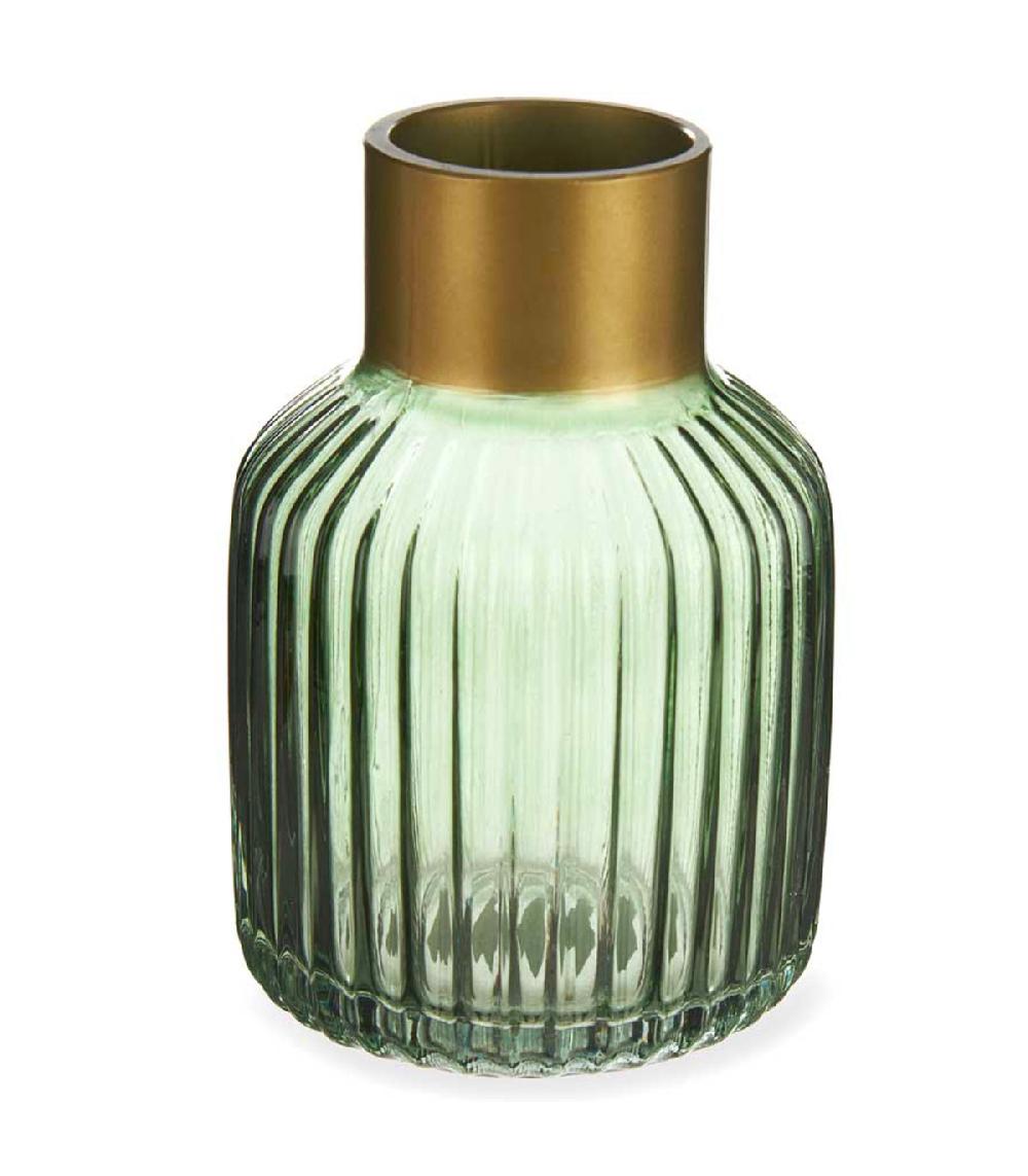 wadiga Vase en verre strié vert et doré 12x12x18cm