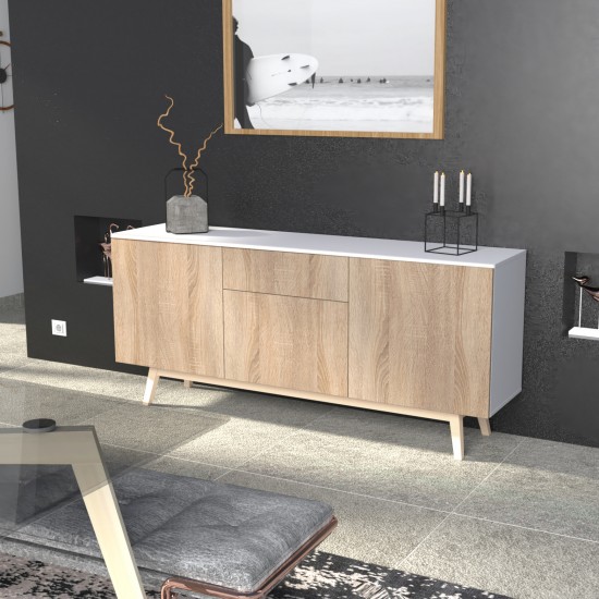 weber industries Bahut HOME 3 portes 1 tiroir / Décor Blanc et Chêne Blanchi