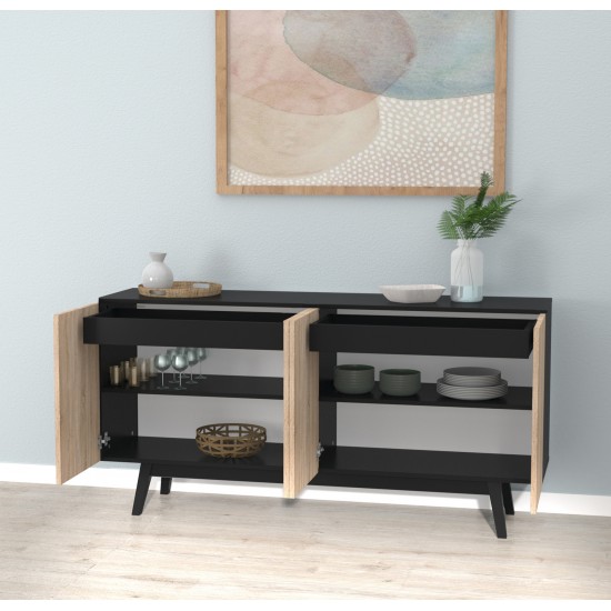 Weber Industries Bahut HOME 4 Portes 2 Tiroirs / Décor Noir Et Chêne Blanchi