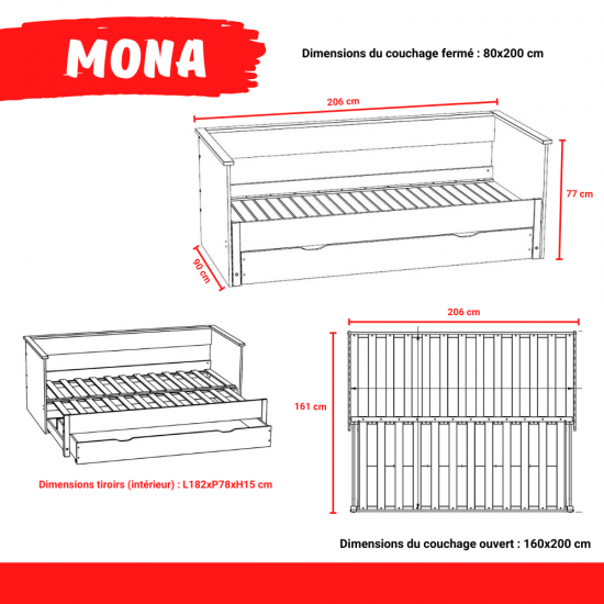 Weber Industries Banquette Extensible MONA 80x200 Cm + 2 Sommiers + 1 Tiroir / Blanc