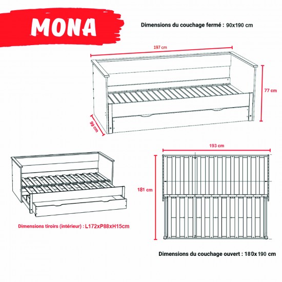 Weber Industries Banquette Extensible MONA 90x190 Cm + 2 Sommiers + 1 Tiroir / Blanc