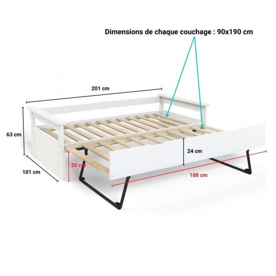 Weber Industries Banquette Gigogne TOLEDE 90x190 + 2 Sommiers + 1 Tiroir-lit / Blanc