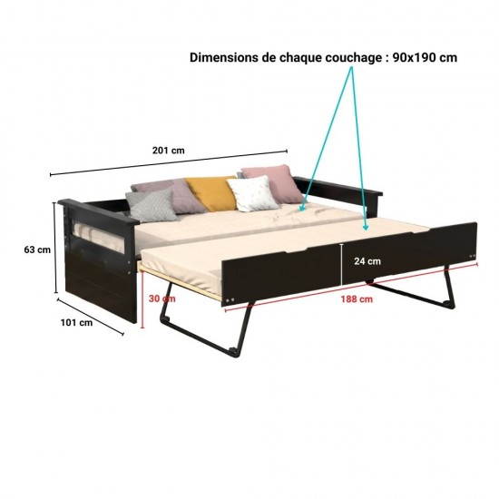 Weber Industries Banquette Gigogne TOLEDE 90x190 + 2 Sommiers + 1 Tiroir-lit / Noir