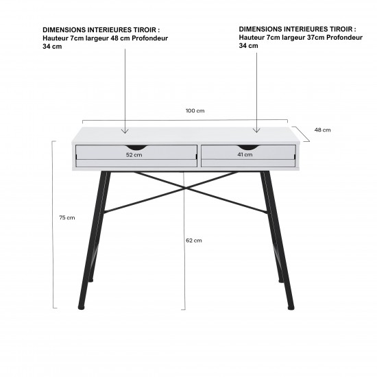 Weber Industries Bureau BOSTON 100 X 48 Cm/ Blanc Et Métal Noir