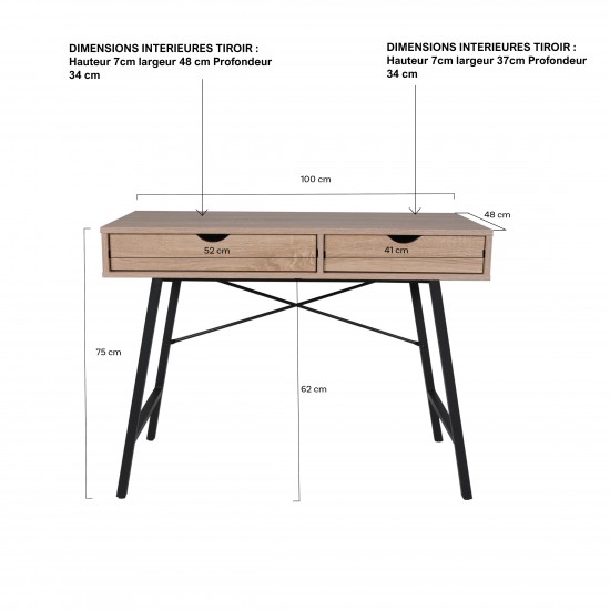 Weber Industries Bureau BOSTON 100x48cm / Décor Chêne Blanchi Et Métal Noir