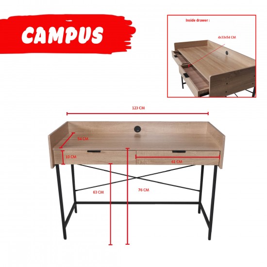 Weber Industries Bureau CAMPUS 123x54cm / Décor Chêne Blanchi Et Métal Noir