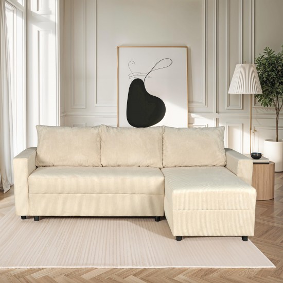 weber industries Canapé d'angle convertible et réversible avec coffre THEO en velours côtelé / Beige