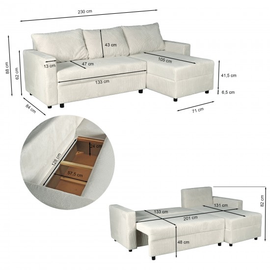 Weber Industries Canapé D'angle Convertible Et Réversible Avec Coffre THEO En Velours Côtelé / Gris Clair