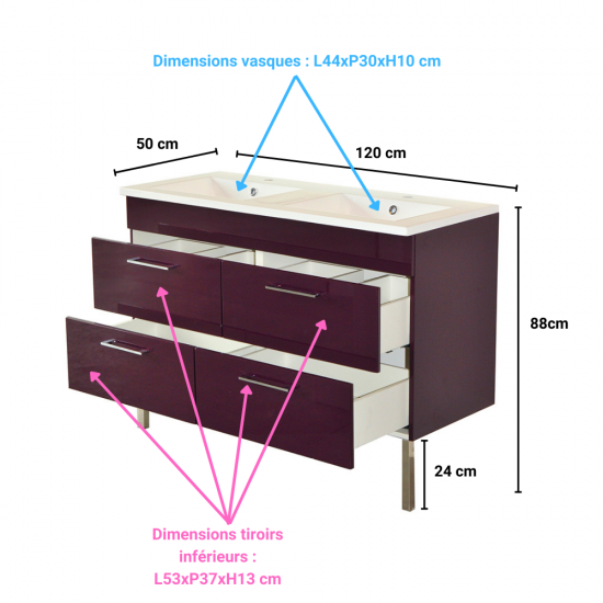 Weber Industries Ensemble Meuble Sous-vasque + Vasque Résine MILANO / Aubergine