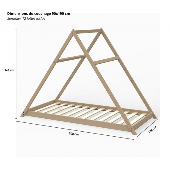 Weber Industries Lit Cabane APACHE 90x190 + 1 Sommier / Naturel
