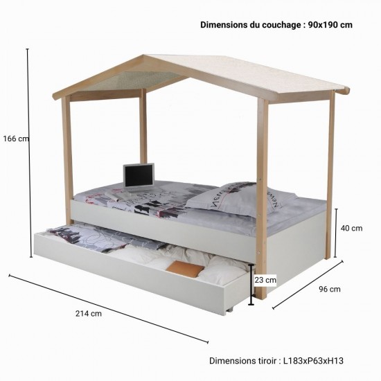 Weber Industries Lit Cabane CASTEL 90x190 + 1sommier + Tiroir / Blanc Et Naturel