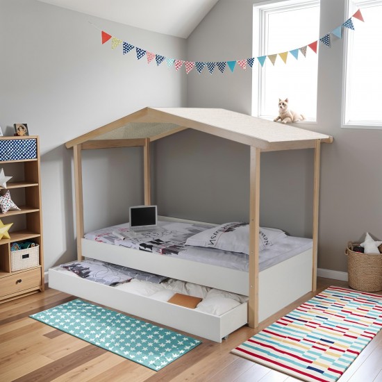 weber industries Lit cabane CASTEL 90x190 + 1sommier + tiroir / Blanc et naturel