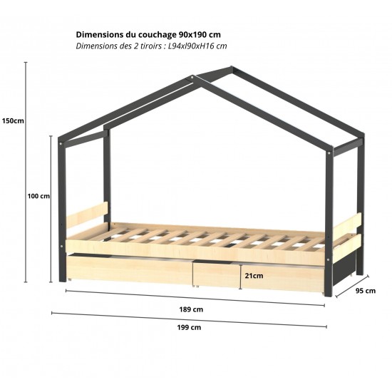 Weber Industries Lit Cabane ETOILE 90x190cm + 2 Tiroirs / Brut Et Noir