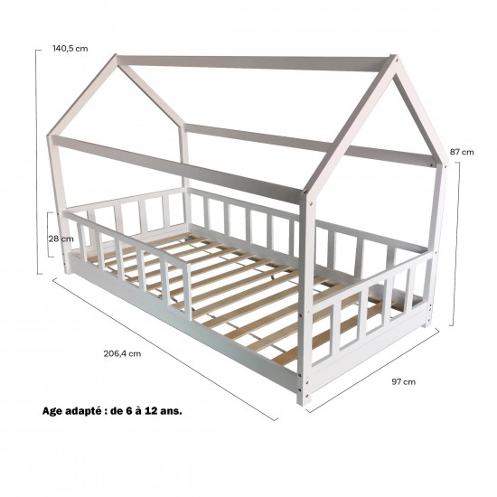 Weber Industries Lit Cabane Kiwi 90x200 + 1 Sommier + Barrière /Blanc