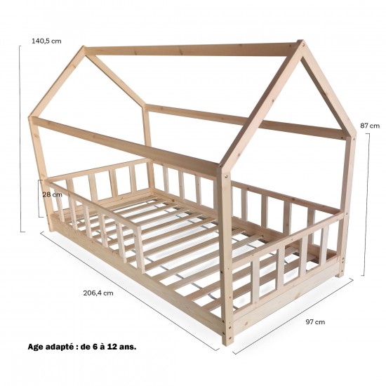 Weber Industries Lit Cabane Kiwi 90x200 + 1 Sommier + Barrière /Naturel