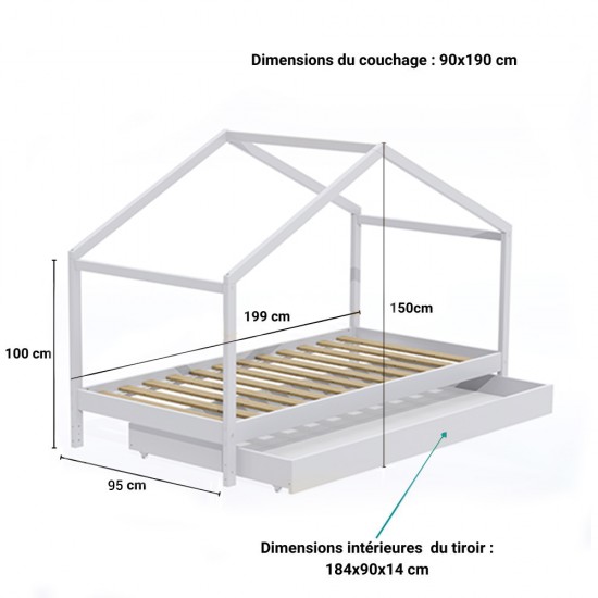 Weber Industries Lit Cabane KOALA 90x190 + 1 Sommier + 1 Tiroir / Blanc