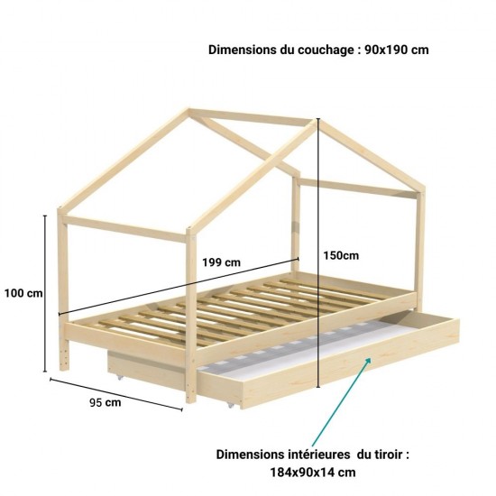Weber Industries Lit Cabane KOALA 90x190 + 1 Sommier + 1 Tiroir / Naturel
