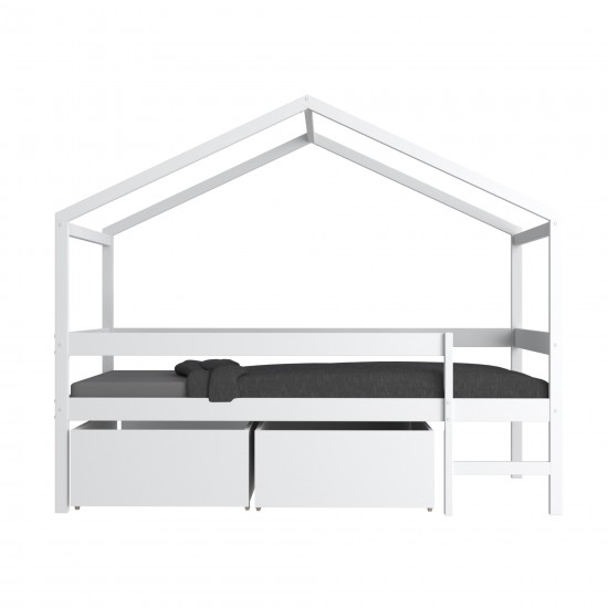 Weber Industries Lit Cabane MIKA 90x190 + Sommier + 2 Tiroirs + Matelas IRIS / Blanc