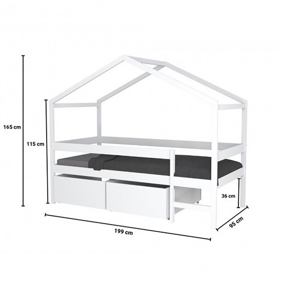 Weber Industries Lit Cabane MIKA 90x190 + Sommier + 2 Tiroirs + Matelas IRIS / Blanc