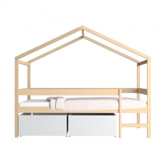 Weber Industries Lit Cabane MIKA 90x190 + Sommier + 2 Tiroirs / Naturel & Blanc