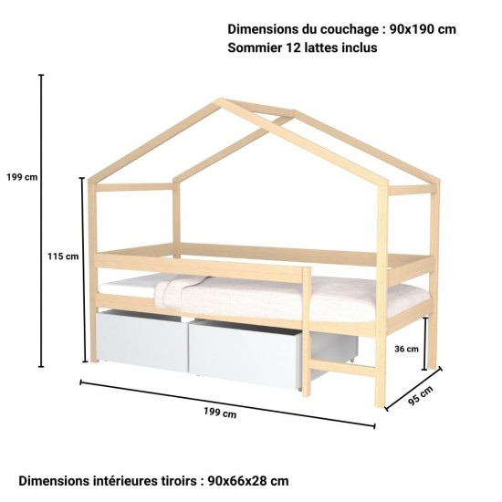 Weber Industries Lit Cabane MIKA 90x190 + Sommier + 2 Tiroirs / Naturel & Blanc
