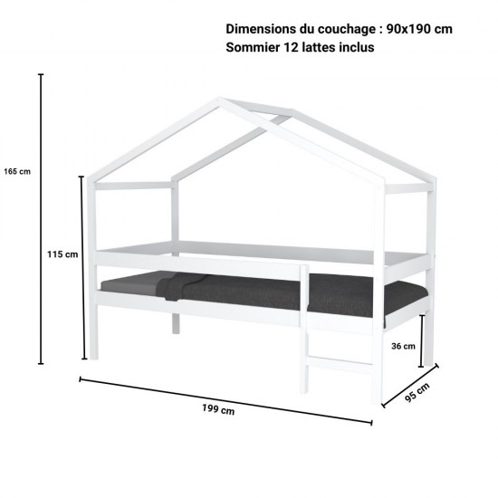 Weber Industries Lit Cabane MIKA 90x190 + Sommier / Blanc