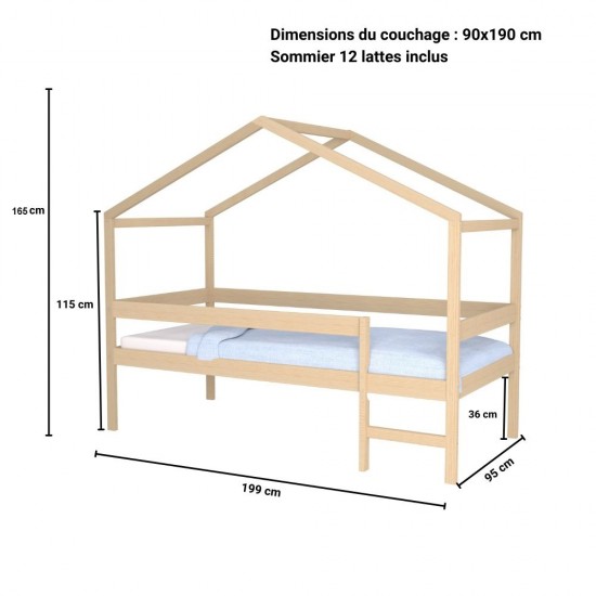 Weber Industries Lit Cabane MIKA 90x190 + Sommier / Naturel