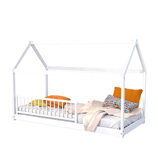 Weber Industries Lit Cabane PANDA 90x190 + 1 Sommier + Barrière /Blanc