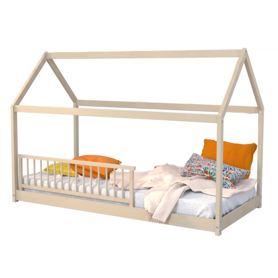 Weber Industries Lit Cabane PANDA 90x190 + 1 Sommier + Barrière /Naturel