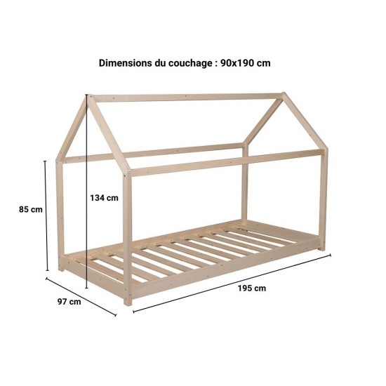 Weber Industries Lit Cabane PANDA 90x190 + 1 Sommier + Barrière /Naturel