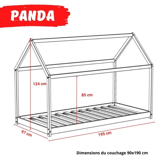 Weber Industries Lit Cabane PANDA 90x190 + 1 Sommier + Matelas IRIS / Naturel Et Noir