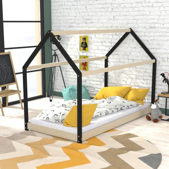 weber industries Lit cabane PANDA 90x190 + 1 sommier + matelas IRIS / Naturel et Noir