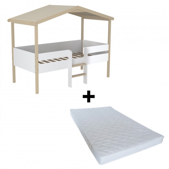 Weber Industries Lit Cabane PILOTI 90x190 + 1sommier+ Matelas IRIS / Blanc Et Naturel