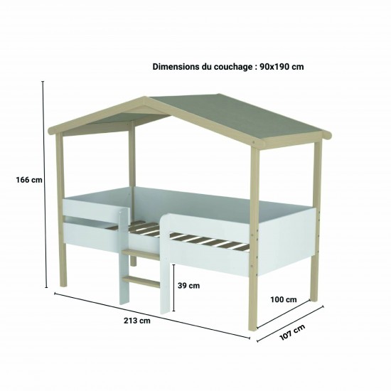 Weber Industries Lit Cabane PILOTI 90x190 + 1sommier+ Matelas IRIS / Blanc Et Naturel