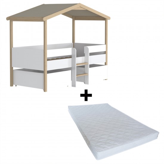 Weber Industries Lit Cabane PILOTI 90x190 + 2 Tiroirs + 1 Sommier + 1 Matelas IRIS / Blanc Et Naturel