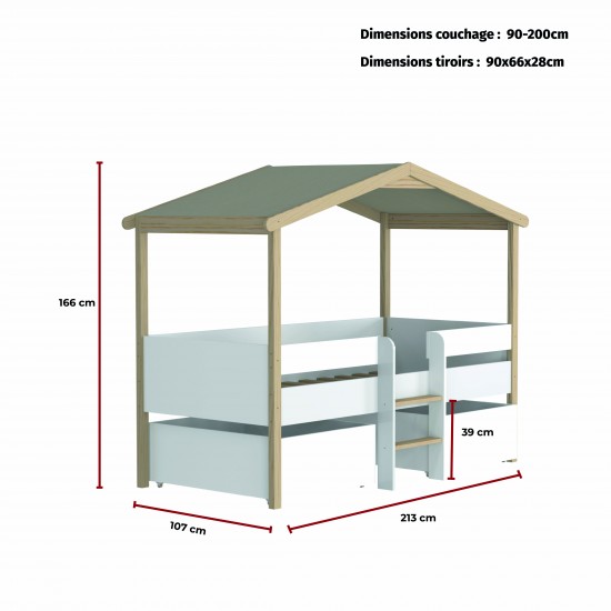 Weber Industries Lit Cabane PILOTI 90x190 + 2 Tiroirs + 1 Sommier + 1 Matelas IRIS / Blanc Et Naturel