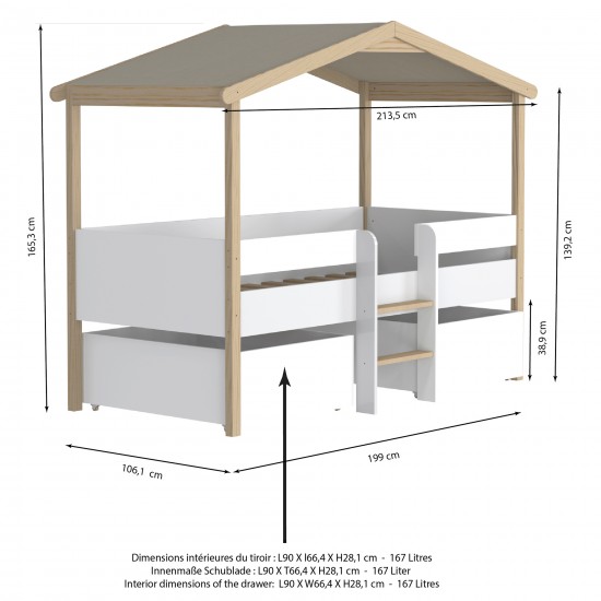 Weber Industries Lit Cabane PILOTI 90x190 + 2 Tiroirs + 1 Sommier / Blanc Et Naturel