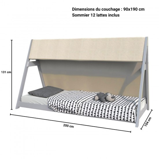 Weber Industries Lit Cabane TIPI 90x190 + 1 Toile + 1 Sommier / Gris