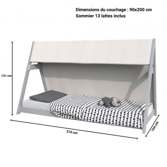 Weber Industries Lit Cabane TIPI 90x200 + 1 Toile + 1 Sommier / Gris