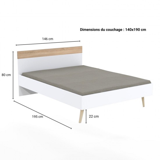 Weber Industries Lit CAMPER 140x190 Cm / Décor Chêne Blanchi Et Blanc